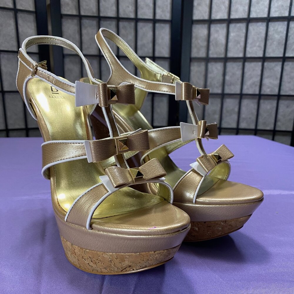 Sassy casual gold/beige cork wedge 6" heels by Bakers Shoes